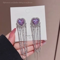 Elegant silver long tassel earrings with a purple heart-shaped crystal and zircon accents - Purple Heart Crystal Rhinestone Tassel (E0321)