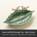 Green leaf-shaped ceramic jewelry tray with white bird accents, length 22cm and height 3cm - Green Leaf Bird Tray - Style 1 Green