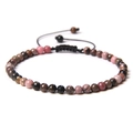 4mm natural stone beaded energy bracelet with adjustable black woven cord and lucky butterfly - Rhodonite with Black Lines