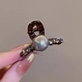 Brown acrylic hair claw clip with large glossy pearl and sparkling rhinestones - F66 Pearl Rhinestone Mini Clip (4.5cm)