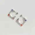 Silver square C-hoop earrings with purple, orange, and pink zircon stones - Silver with Multicolor Zirconia (PDE1586)