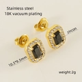 Square black zircon earrings in 18K gold plated stainless steel, 10.5x8.5mm - Gold with Black Zircon