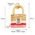 Copper micro-paved padlock charm with rectangle zircon and colorful enamel stripes - Red Pink White Enamel Lock / Light Yellow