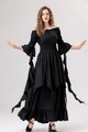 Detail of off-shoulder neckline and flared bell sleeves on a black Renaissance dress - S/M / Black