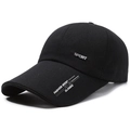 Black sport baseball cap with metal SPORT label and long brim in casual athletic style - Adjustable / Black