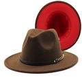 Two-tone felt fedora hat in dark brown and bright red with a gold chain band detail - Deep Coffee + Red