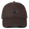 Close-up of embroidered black and white checkered flags on a brown twill cotton baseball cap - Coffee