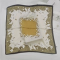 Olive green and cream square silk scarf with floral magnolia print and geometric patterns - Three-color Flowerbed Small Square Scarf / 65