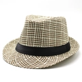Klassischer Sommer-Fedora-Hut mit braun-weißem Geflecht und schwarzem Zierband - M (56-58cm) / Khaki