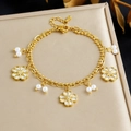 Double-layer gold plated stainless steel bracelet with white enamel flowers and pearls - Camellia Pearl Double Layer Style (B1942)