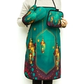 Dark green kitchen apron with oven mitt and pot holder featuring gold lantern patterns - Ramadan Green Lantern