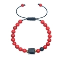 Bracciale regolabile con perline di pietra rossa testurizzata e perla centrale nera - Bracciale di Perline Turchese Rosso e Nero Opaco