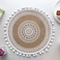 Round jute placemat with white mandala pattern and fringe tassels for boho dining decor - Type M White Pom-poms