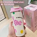 500ml white stainless steel coffee mug with pink cat pattern and dual-drinking lid - Pink Dot Cat