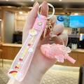 Pink Sunshine Unicorn keychain with liquid sequins, rainbow wrist strap and gold ring - Flower Lollipop - Pink