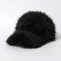 Solid black faux fur baseball cap for women with fluffy winter texture and warm stylish design - One Size / Black