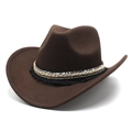 Brown wool western cowboy hat with ethnic sequin band and tassel trim, 45-degree view - M (56-58cm) / Coffee