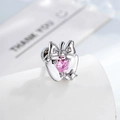 Silver bow stud earring featuring a pink heart-shaped zircon gemstone inlay - Single Piece / Pink (A642-2)