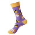Purple cotton socks featuring bee, honeycomb, and daisy patterns with yellow accents - Purple Bee Pattern (1184)