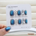 Handmade sea salt blue cat-eye press-on nails with plaid patterns and 3D bows - XS