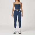 Ensemble de yoga bleu marine avec legging taille en V et débardeur à liseré blanc contrasté - S / Haut et Bas (5009/9253) / Ensemble Pantalon / Bleu Marine