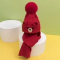 Red children's knitted hat and scarf set with bear embroidery and plush pom-poms - Hat + Scarf / Red
