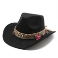 Detail of western cowboy hat featuring bohemian fringe bands and natural shell charms - M (56-59cm) / Black (Suede)