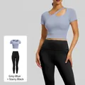 Set fitness donna con maglia blu lago grigio e leggings yoga neri a vita alta sportivi - Blu Lago Grigio + Nero Stellato