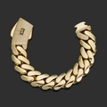 Primer plano de pulsera de cadena cubana en oro de 14K con cierre decorado con diamantes - Ancho 15mm / Longitud 9 Pulgadas / Dorado