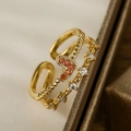 Double-layered gold-plated open ring with heart-shaped orange zircon and white accents - Adjustable Open / 13337-Orange-Red Heart Double Layer Gold Ring