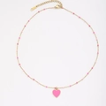 Pink enamel heart pendant necklace with double-toned pink beads on a gold chain - Gx00183d