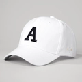 Detailed close-up of white cotton baseball cap featuring black embroidered letter A detail - White
