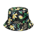 Black bucket hat with tropical yellow floral pattern and green leaves print for women - Black Orange Yellow Floral Tropical Print (U)