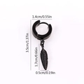 Punk style black stainless steel hoop earring with detailed metal feather pendant and size specs - Black Feather (Style 3)