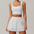 White two-piece tennis set with square neck crop top and high-waisted pleated skirt - S / 8782 Tank Top + 8782 Skirt / Swan White