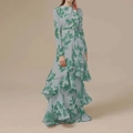 Bloemen maxi-jurk met ruches en lange mouwen met tropische print in lichtblauw - S / Groen