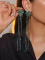 Long peacock green floral tassel earrings with sparkling rhinestones for women - Peacock Green Flower Tassel