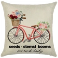 Linen cushion cover featuring a red watercolor bicycle with floral baskets and text - 18x18 Inch / Red Bicycle Floral (LYD444-1)