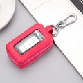 Fuchsia genuine leather key case with lychee grain, clear window and metal carabiner - With Transparent Window / Rose Red
