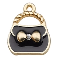 Ciondolo borsa in smalto nero con manico dorato e fiocco decorato con strass lucenti - Borsa con strass 16x19mm
