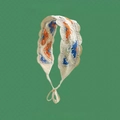 Beige crochet cotton headscarf with orange and blue floral embroidery and tie straps - Orange Blue