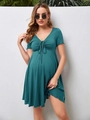 Abito premaman a maniche corte con scollo a V verde scuro, coulisse e vita alta stile - S / Verde petrolio