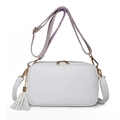 Detailed macro view of white PU leather camera bag with litchi texture and gold zipper - White