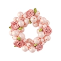 Pink ribbon rose hair tie with pearls and green leaves on high elastic band - 2# Pink Flower Pearl Hair Tie