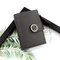 Short minimalist dark grey PU leather wallet with golden ring clasp and zipper closure - Gray