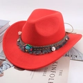 Klassieke rode wollen vilten hoed met etnische turquoise band en kralen kwastjes - Eén maat 57-58cm / Turkoois Etnische Stijl Band / Rood