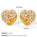 Golden heart-shaped earrings with freshwater pearls and size measurements in a pair - Pearl Style / Gold Pearl/Heart Shape