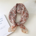 Floral cotton linen square scarf in beige and orange with white blossoms and gold edges - 58*58cm / 4 Stripe Base-White Chrysanthemum Yellow
