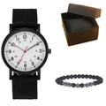 Men's quartz watch gift set featuring black nylon strap and matte beaded bracelet - Watch + Bracelet + Gift Box / White