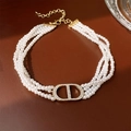 Vintage multi-layer pearl necklace with gold-plated rhinestone CD pendant charm - Letter Rhinestone Multi-Layer Artificial Pearl Style